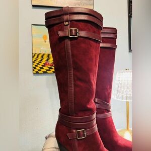 Burgundy Suede Over-the-Knee Boots with leather belts detailing